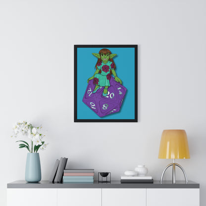 Goblin on a d20 Vertical Framed Poster