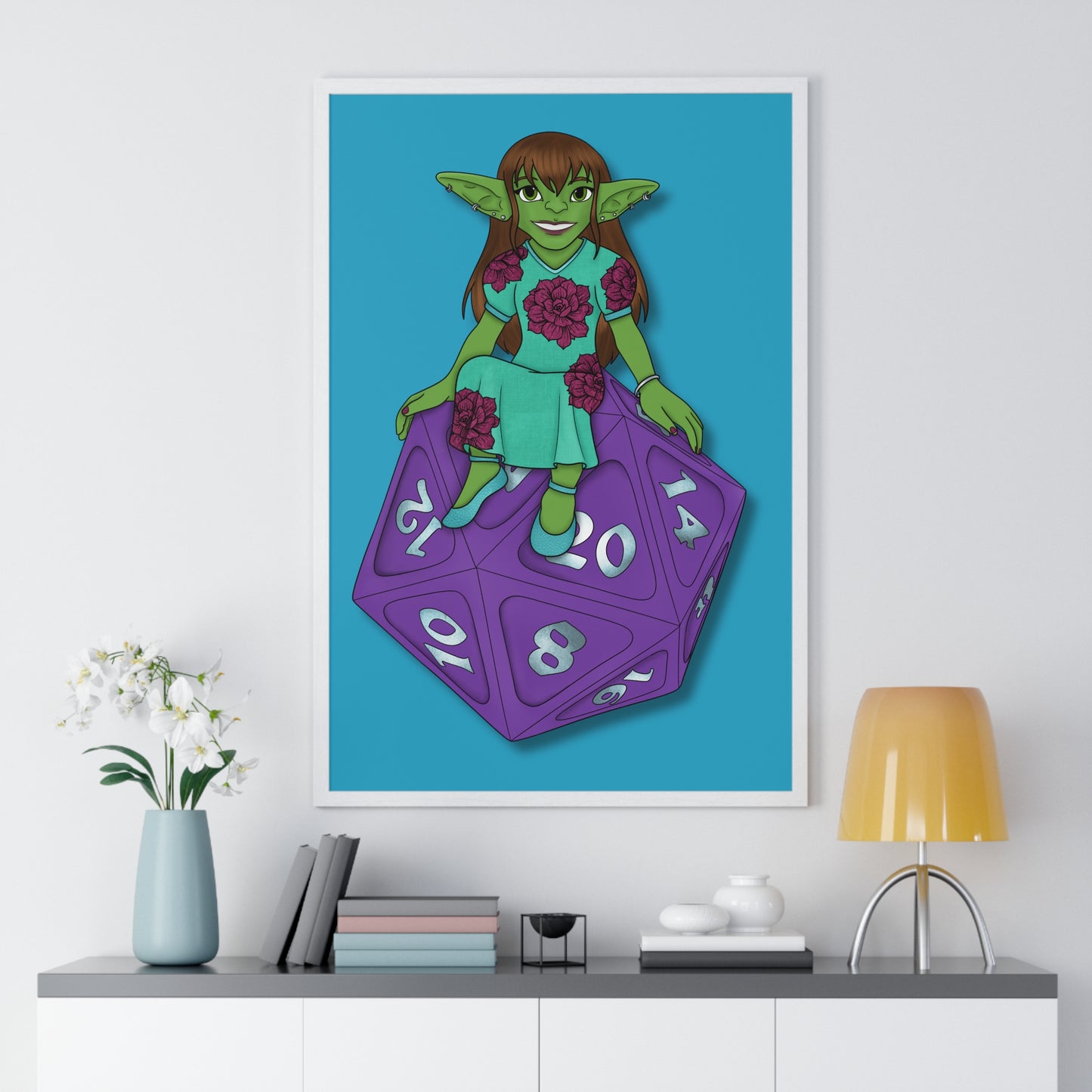 Goblin on a d20 Vertical Framed Poster