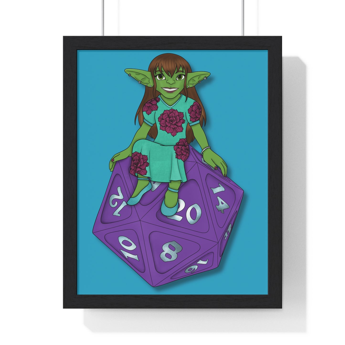 Goblin on a d20 Vertical Framed Poster