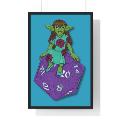 Goblin on a d20 Vertical Framed Poster