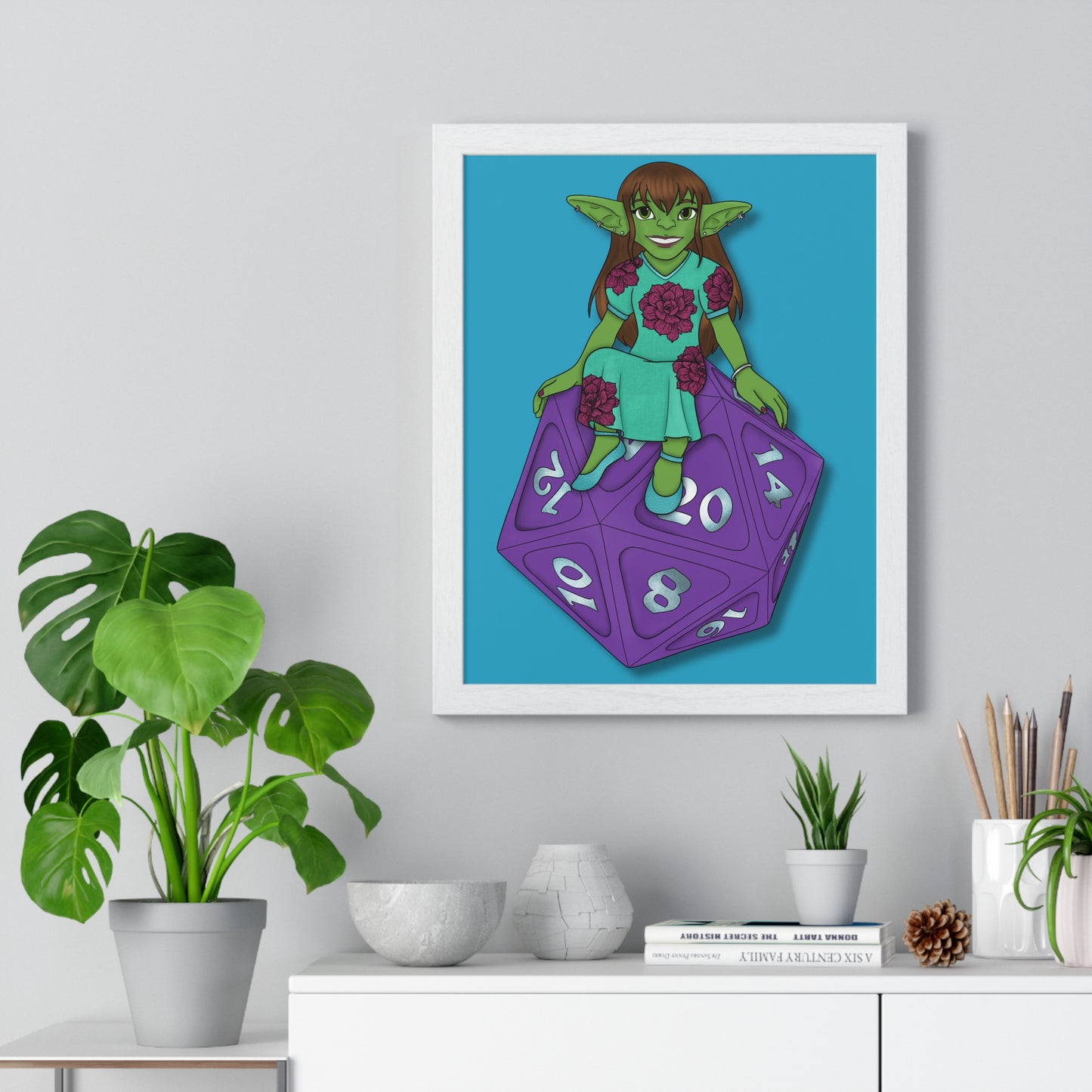 Goblin on a d20 Vertical Framed Poster