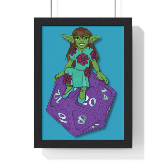 Goblin on a d20 Vertical Framed Poster