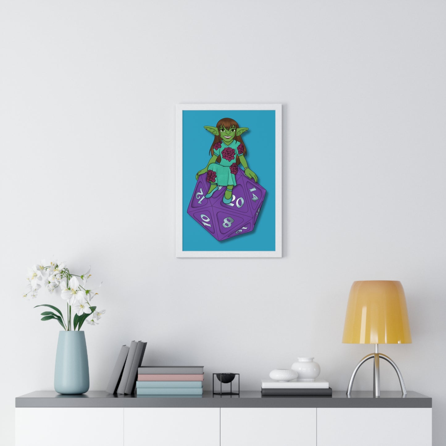 Goblin on a d20 Vertical Framed Poster