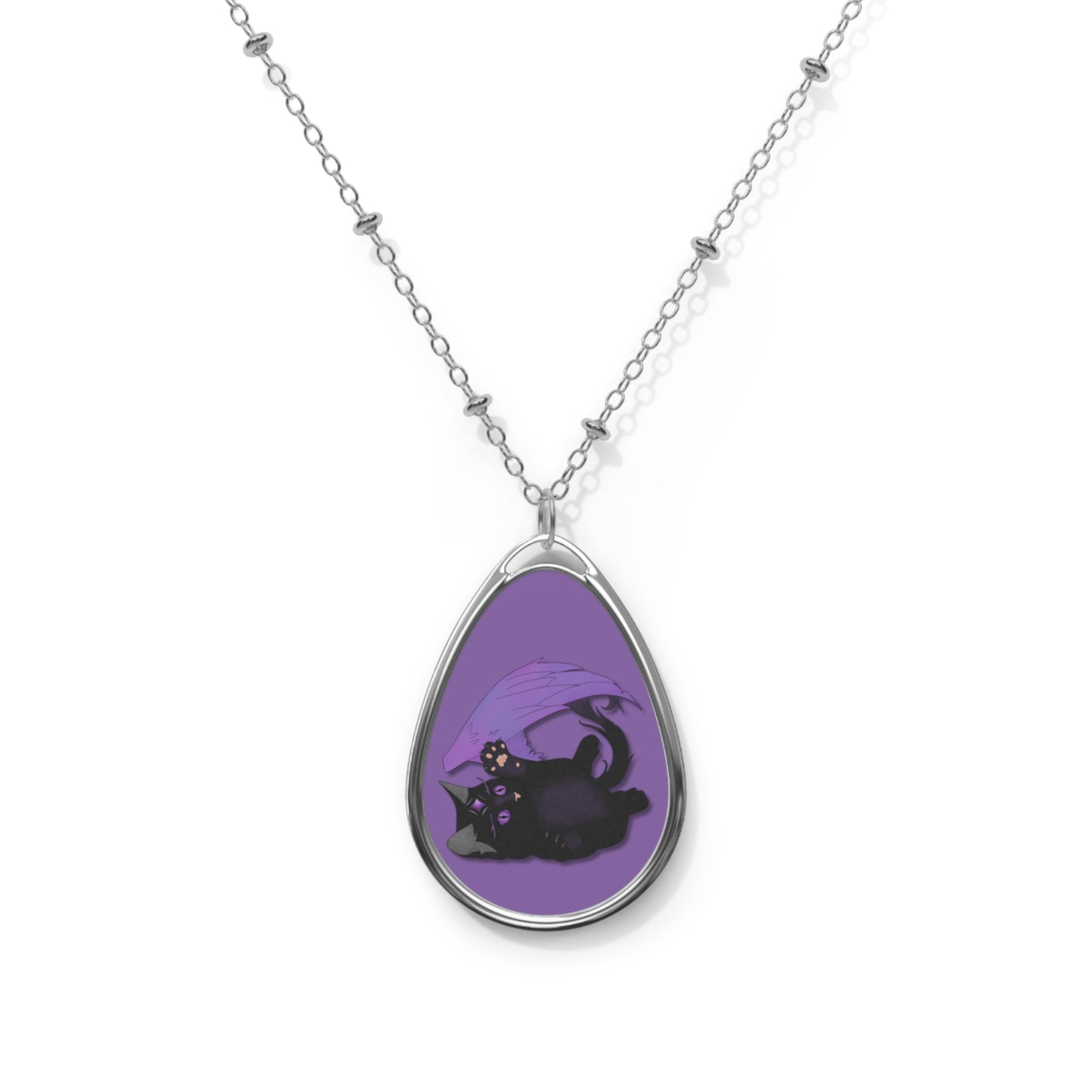 Winged Kitten Oval Necklace