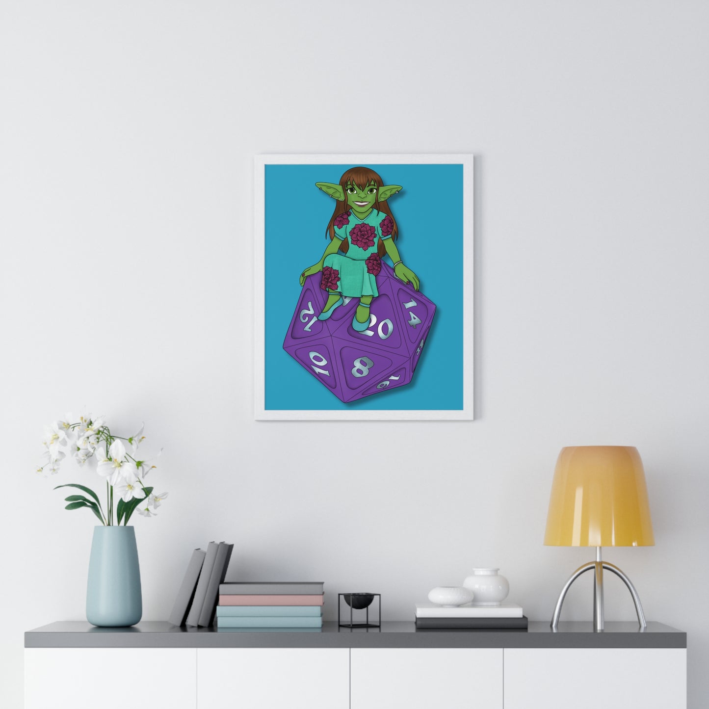 Goblin on a d20 Vertical Framed Poster