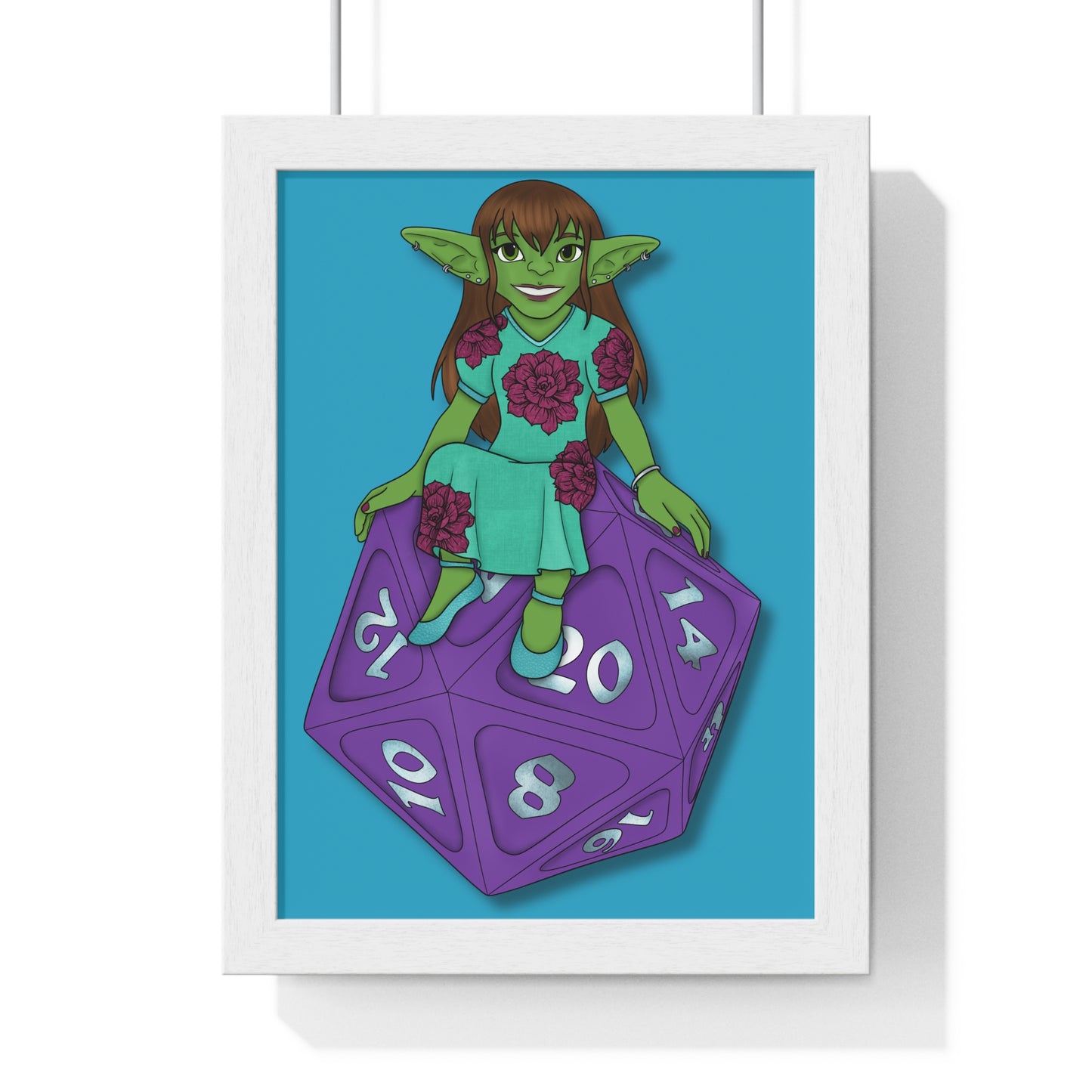 Goblin on a d20 Vertical Framed Poster