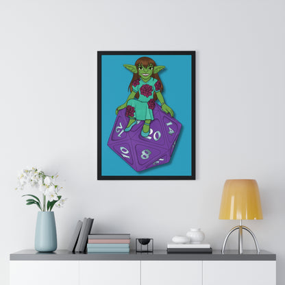 Goblin on a d20 Vertical Framed Poster