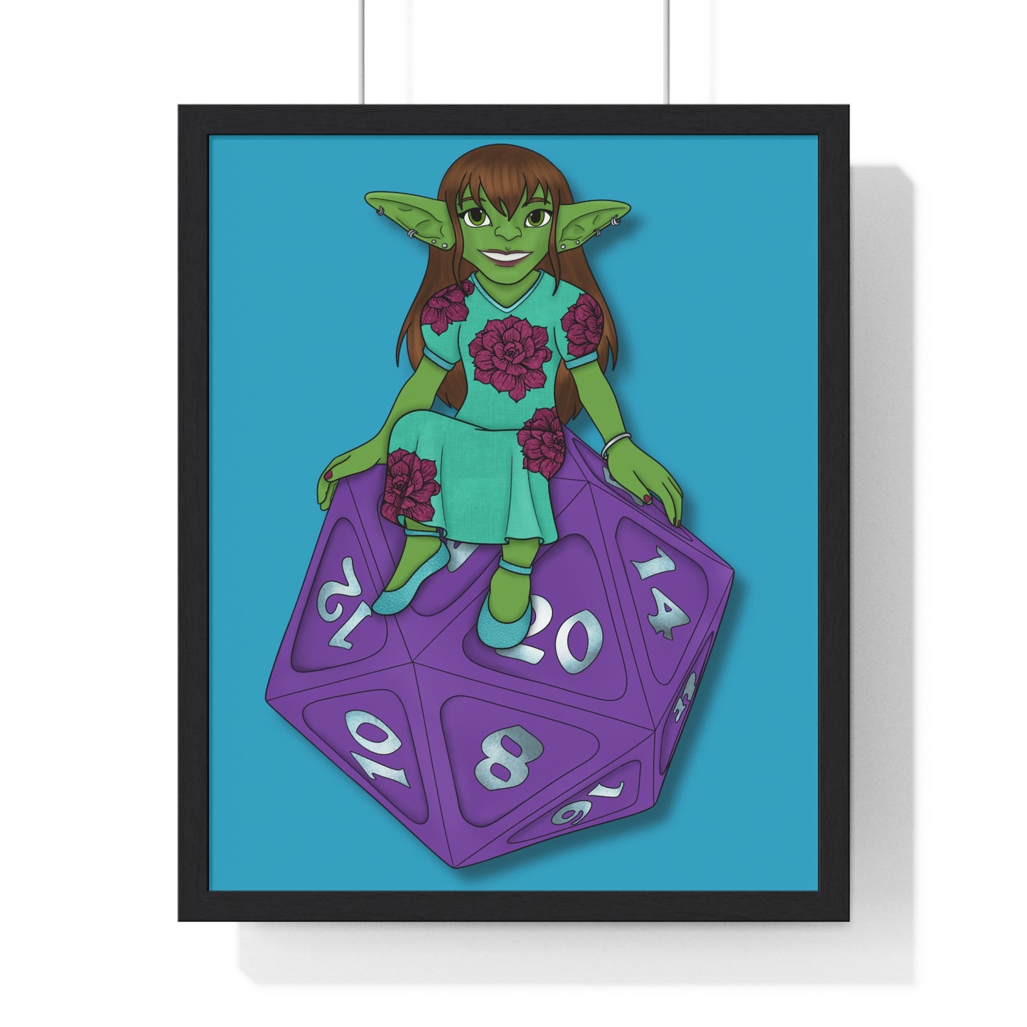 Goblin on a d20 Vertical Framed Poster