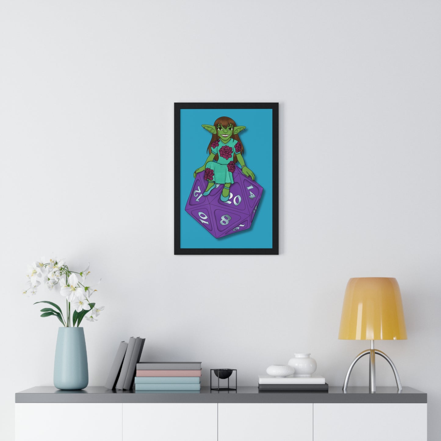 Goblin on a d20 Vertical Framed Poster