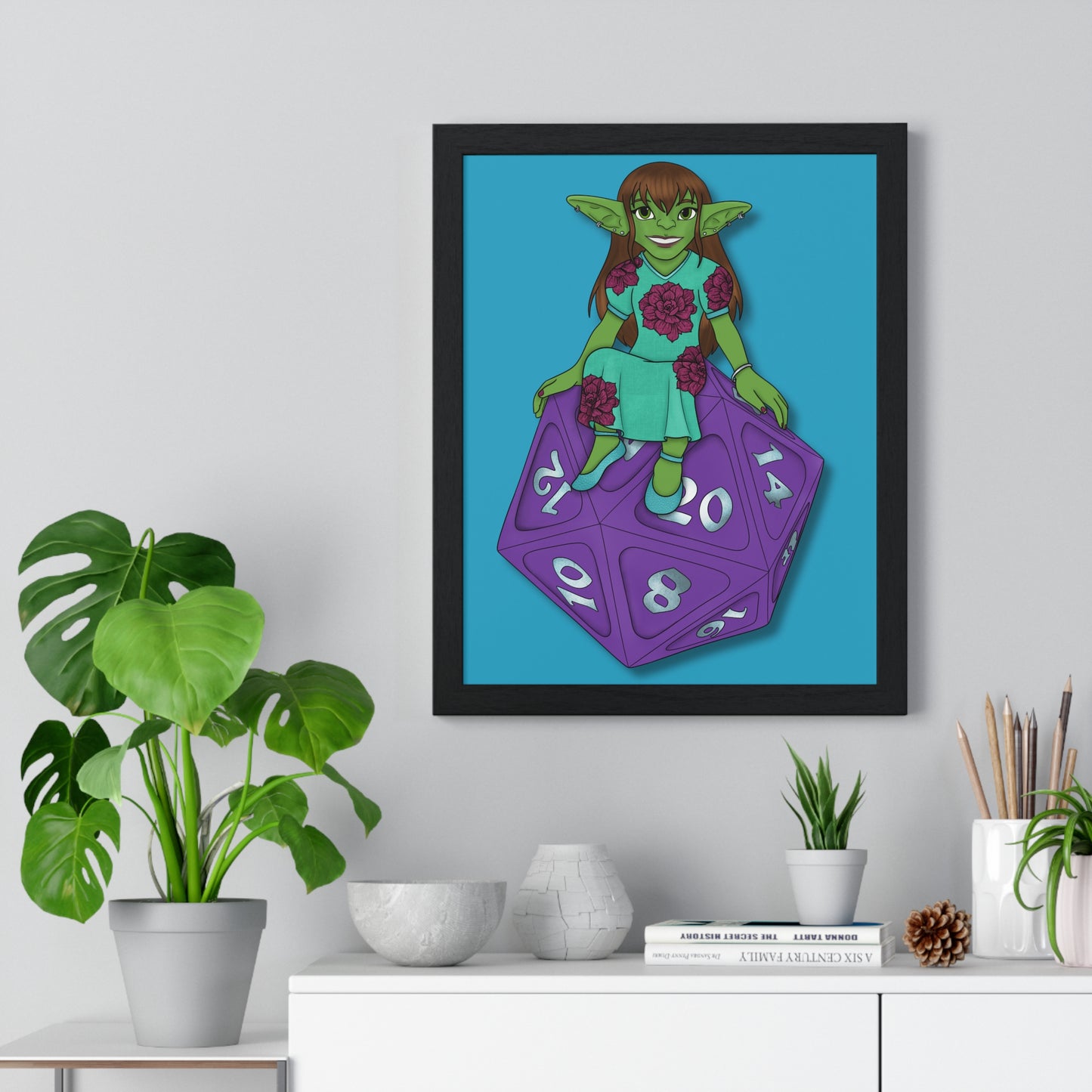 Goblin on a d20 Vertical Framed Poster