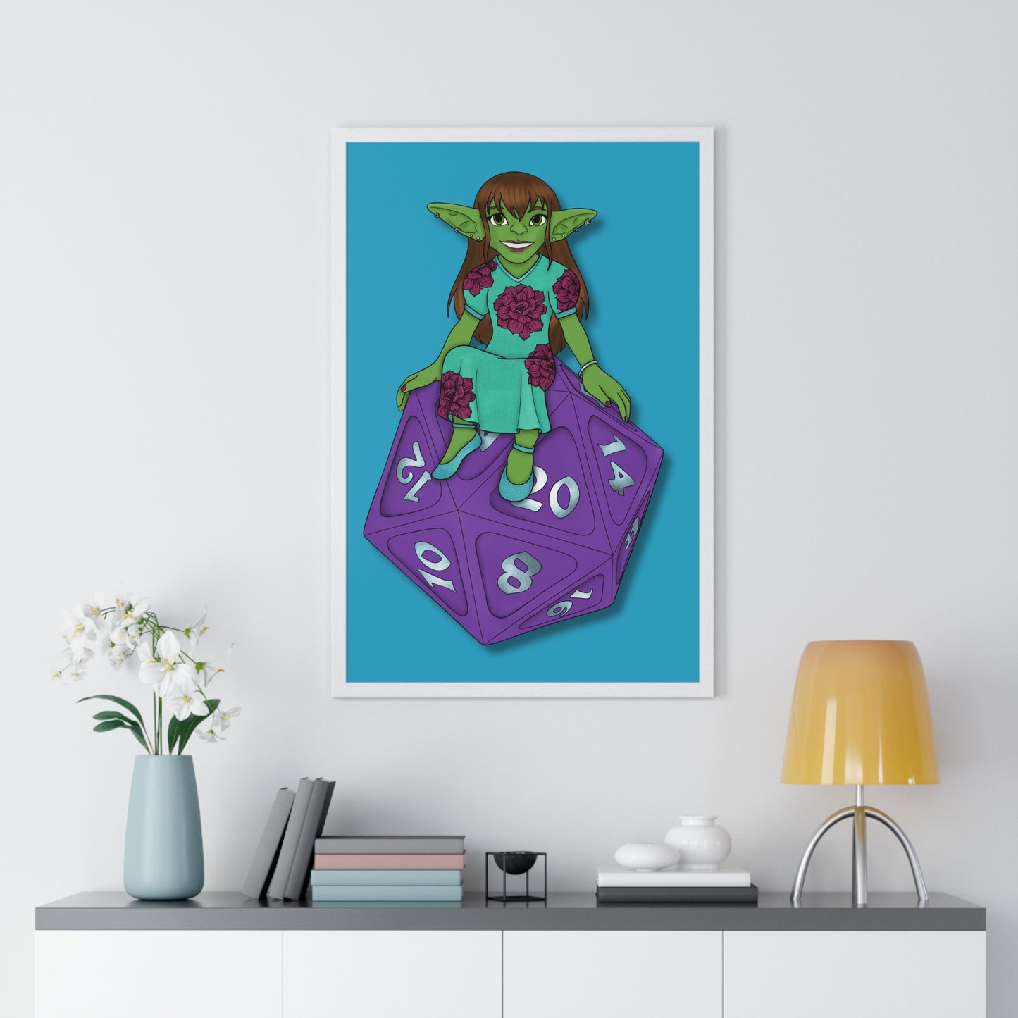 Goblin on a d20 Vertical Framed Poster