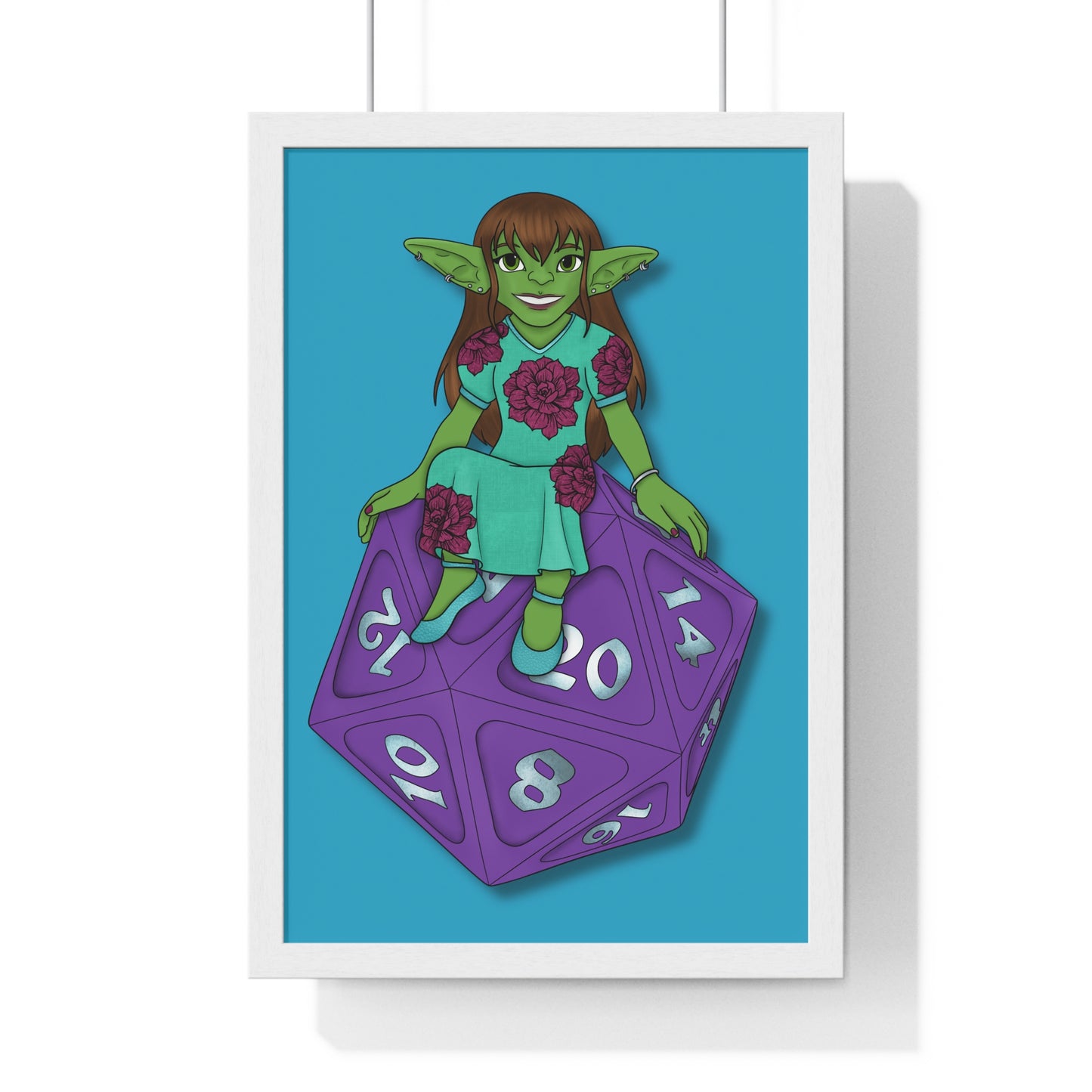 Goblin on a d20 Vertical Framed Poster