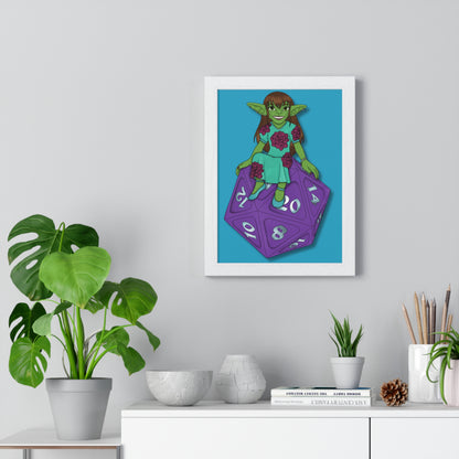 Goblin on a d20 Vertical Framed Poster