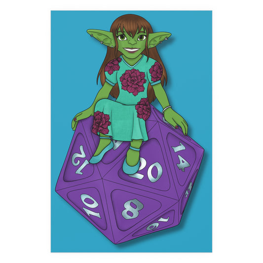 Goblin on a d20 Indoor and Outdoor Silk Posters