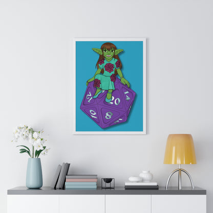 Goblin on a d20 Vertical Framed Poster