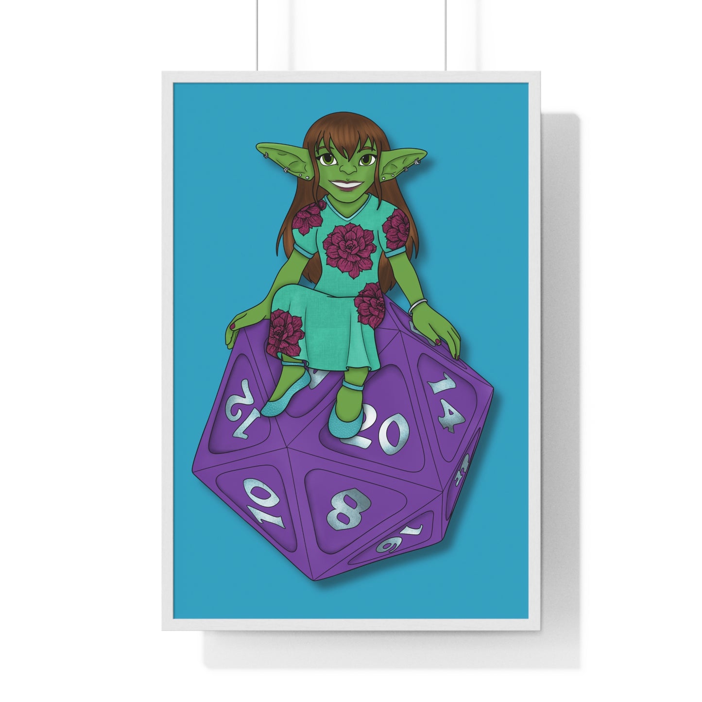 Goblin on a d20 Vertical Framed Poster