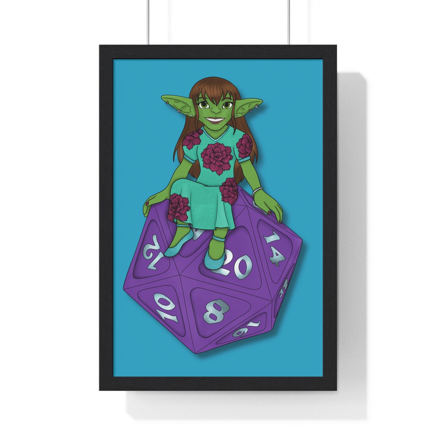 Goblin on a d20 Vertical Framed Poster