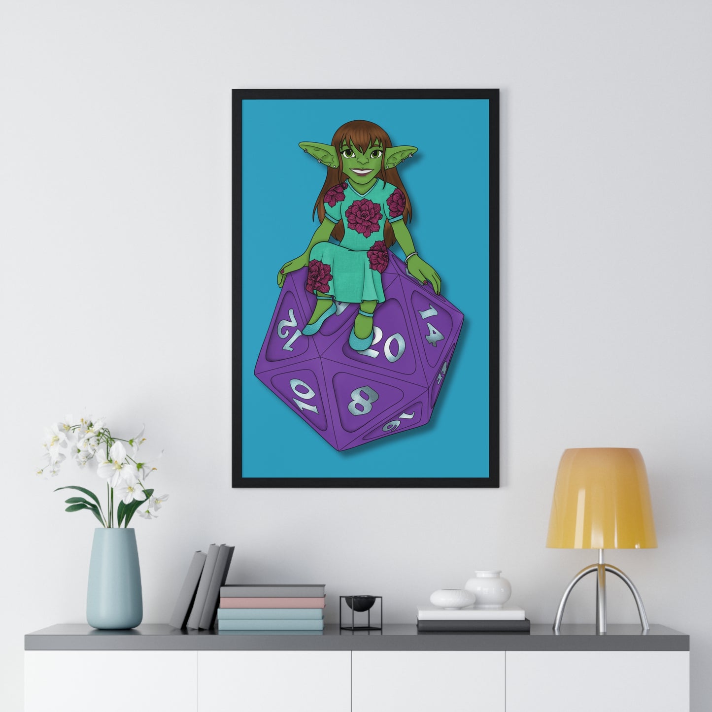 Goblin on a d20 Vertical Framed Poster