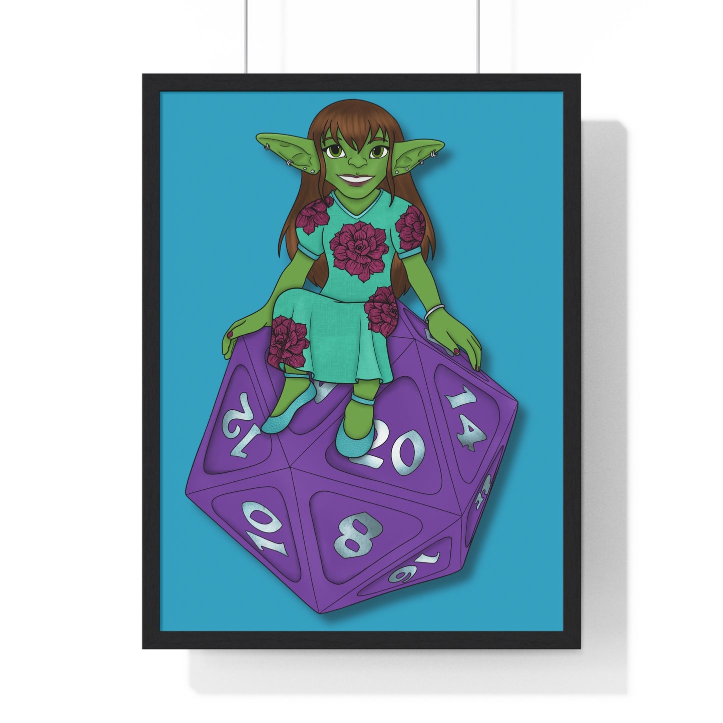 Goblin on a d20 Vertical Framed Poster